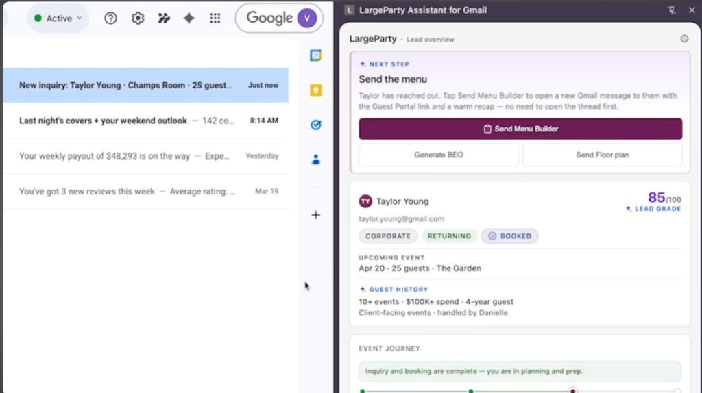 The LargeParty Gmail extension: next step, lead grade, and guest history beside the inbox